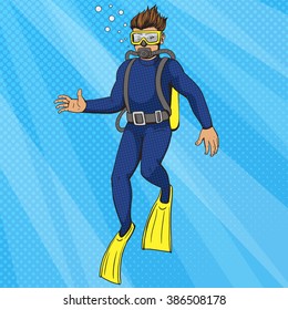 Diver under water with aqualung pop art style vector illustration. Human illustration. Comic book style imitation. Vintage retro style. Conceptual illustration