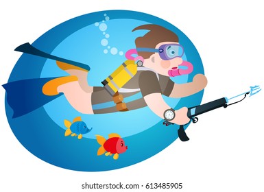 Diver under water with a speargun. Diving and trism.