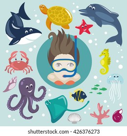 The diver and underwater animals, set of isolated icons