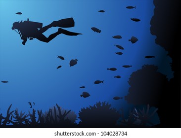 Diver underwater blue background