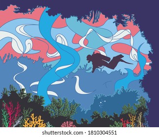 A diver in the underwater, with colorful wave, seaweed, and sea anemone.