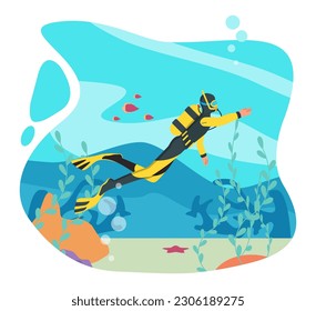 Diver underwater concept. Man in overalls and mask with oxygen tanks floats on bottom of sea or ocean. Explorer and rescuer. Summer vacation and sport activity. Cartoon flat vector illustration