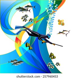 diver with underwater gun on a background of the underwater world.