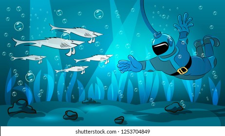 diver underwater met a pack of sharks. vector image