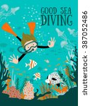 Diver With Underwater Plants And Tropical Fishes. Vector illustration.