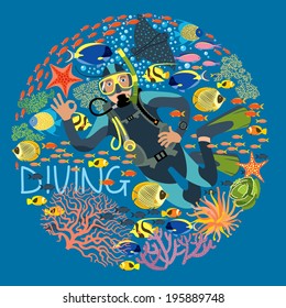 Diver With Underwater Plants And Tropical Fishes Text Diving