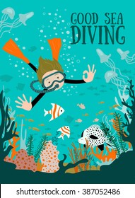 Diver With Underwater Plants And Tropical Fishes. Vector illustration.