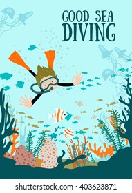 Diver With Underwater Plants And Tropical Fishes. Vector illustration.