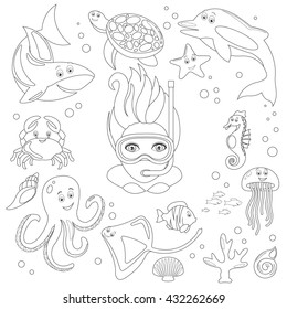 The diver underwater and sea animals - contour illustration, doodle, sketch