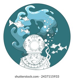 Diver in an underwater suit at the bottom of the ocean. Round picture, icon, emblem. Cartoon style. Blue and white palette. Vector illustration