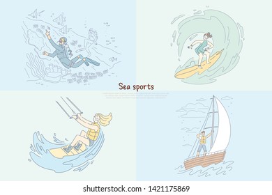 Diver underwater, surfer riding wave, boardsport woman kitesurfing attached to parachute, sailing at sea banner