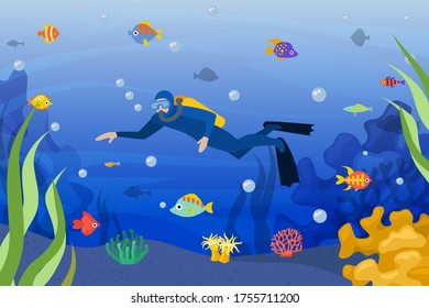 Diver underwater, vector illustration. Scuba man in ocean activity sport with tropical fish, dive with mask in blue water. Swim deep with equipment for adventure, extreme aquatic travel.