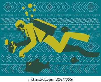 Diver underwater with waterproof camera surrounded by fish, taking pictures and enjoys an environment on blue abstract pattern backgroud