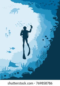 Diver with Underwater wildlife, jellyfish, fish