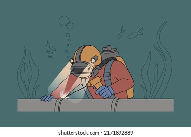 Diver in uniform underwater repair pipe. Man in protective gear fixing tube lines under water. Flat vector illustration. 