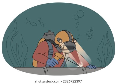 Diver in uniform underwater repair pipe. Man in protective gear fixing tube lines under water. Flat vector illustration.