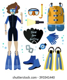 Diver vector illustrate, set for diving with girl diver, flippers, mask, 
scuba, tanks , scuba gear, 
aqualung and people