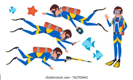 Diver Vector. Underwater. Diving At The Bottom Of The Sea. Flat Cartoon Illustration