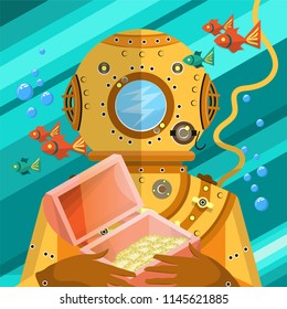 A diver in vintage diving equipment with treasures in his hands. Vector illustration