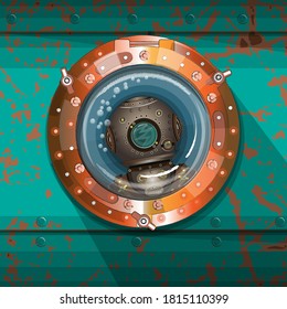 A diver in a vintage underwater suit looks into the submarine's porthole. Vector illustration