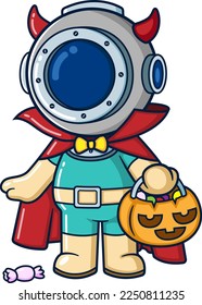 A diver wearing dracula costume and holding a pumpkin basket of illustration