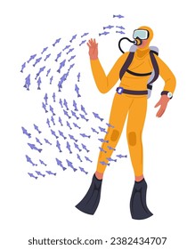 Diver wearing mask, costume and flippers exploring sea world. Isolated scuba diving man and school of tropical or exotic fish swimming. Summer activities and hobby leisure. Vector in flat style