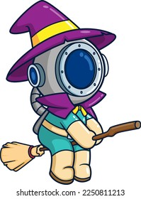 A diver wearing witch costume and riding magic broom of illustration