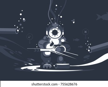 Diver welder at bottom repairs pipe. Man in wetsuit with tool. Vector illustration