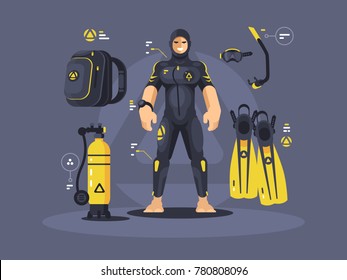 Diver in wetsuit and diving equipment, tank and flippers. Vector illustration