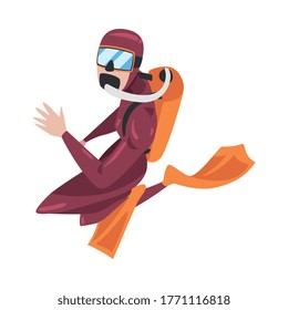 Diver in Wetsuit, Mask, Flippers and Breathing Equipment Diving Underwater, Water Sport or Extreme Hobby Cartoon Style Vector Illustration