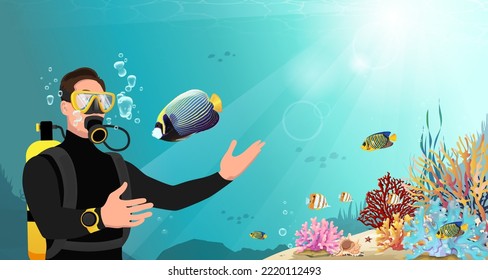 Diver In Wetsuit With Scuba Diving Equipment Swims Near Beautiful Coral Reef And Exotic Colorful Fish. Biologist Under Water On Deep Seabed. Travel Sport, Hobby Diving Club Banner. Vector Illustration