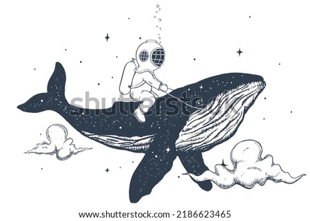 Diver and whale are flies in the sky