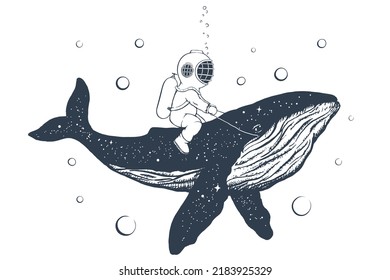 Diver and whale in the sea