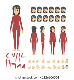 Diver Woman Character Set. Full Length. Different View, Emotion, Gesture.
