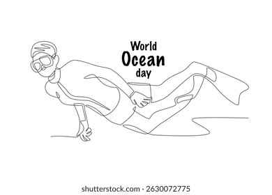 Diver. World ocean day concept one-line drawing