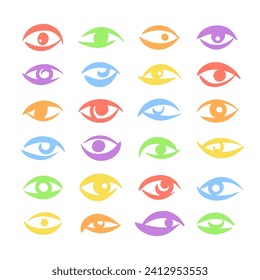 Divercity, lgbt, gay pride hand drawn illustration, print, poster concept. Various brush drawn artistic staring eyes colorful square composition. Stylized colorful shapes, uneven doodle lines.