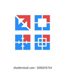 Diverge arrows logo set , red and blue progress symbol square shapes, the economic growth icons,  delivery different direction emblem