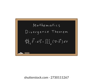 Teorema da divergência em um quadro-negro manuscrito como uma equação matemática para demonstrar o ensino e a escrita de fórmulas matemáticas à mão. Quadro negro com giz branco e borracha no canto inferior esquerdo. Tudo sobre um fundo branco.
