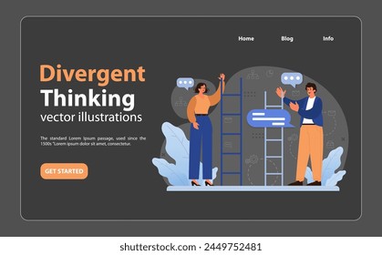 Divergent thinking concept. Duo collaborates on task, arranging digital elements, navigating decisions. Teamwork, solution, digital workspace. Flat vector illustration