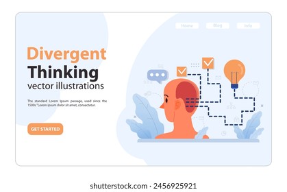 Concepto de pensamiento divergente. Perfil de una persona mostrando el proceso de lluvia de ideas, generación de ideas y pensamiento estratégico. Iluminación de Elementos de bombilla, lista de comprobación y burbujas de chat. Vector plano