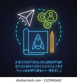 Divergent thinking neon light concept icon. Efficiency and productivity idea. Project management. Glowing sign with alphabet, numbers and symbols. Vector isolated illustration