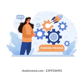 Divergent thinking process concept. Woman engages with intricate gears, symbolizing idea generation, linked by innovative thought. Exploration, creativity, mechanics. Flat vector illustration