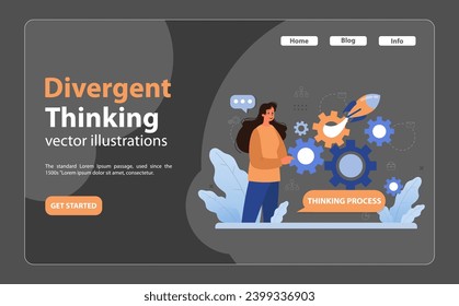 Divergent thinking process concept. Woman engages with intricate gears, symbolizing idea generation, linked by innovative thought. Exploration, creativity, mechanics. Flat vector illustration