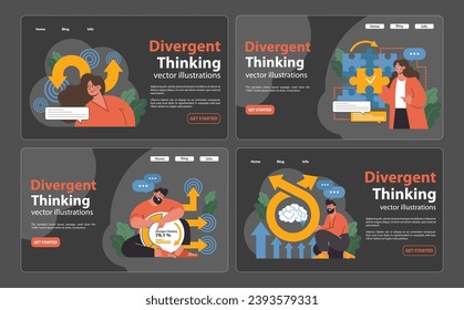 Divergent Thinking set. Creativity unfolds with minds at work. Arrows diverge from thought, showcasing varied ideas. Unique solutions stem from diverse thinking. Engage in out-of-the-box contemplation