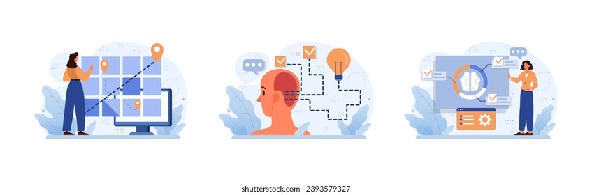 Divergent Thinking set. Digital world exploration. Woman navigates virtual space. Mind pathways, idea generation. Creativity meets technology. Cognitive process enhancement. Flat vector illustration