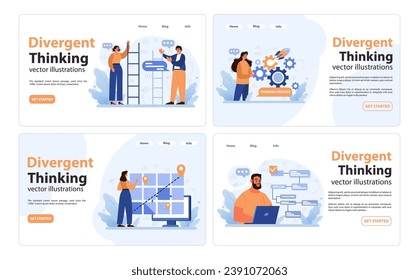 Divergent Thinking set. Professionals exploring multiple solutions. Brainstorming, creativity boost, innovative thought paths. Generating diverse ideas. Flat vector illustration.