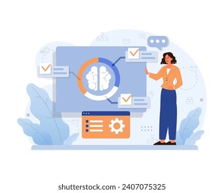 Divergent thinking visualization. Woman presenting a brain diagram on a screen, emphasizing cognitive processes and task completion. Digital communication, brainstorming, and analysis. Flat vector