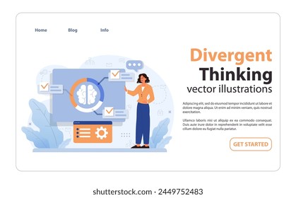 Divergent thinking visualization. Woman presenting a brain diagram on a screen, emphasizing cognitive processes and task completion. Digital communication, brainstorming, and analysis. Flat vector