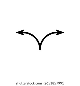 Ícone de setas divergentes. Duas setas semicirculares apontam em direções diferentes e curvam para a esquerda e para a direita. Ilustração vetorial.