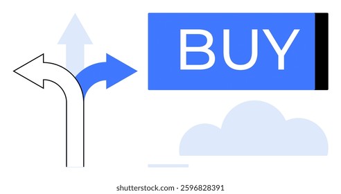 Diverging arrows pointing in different directions with a prominent blue Buy button and cloud symbol. Ideal for decision-making, e-commerce, navigation, marketing, online shopping, directions